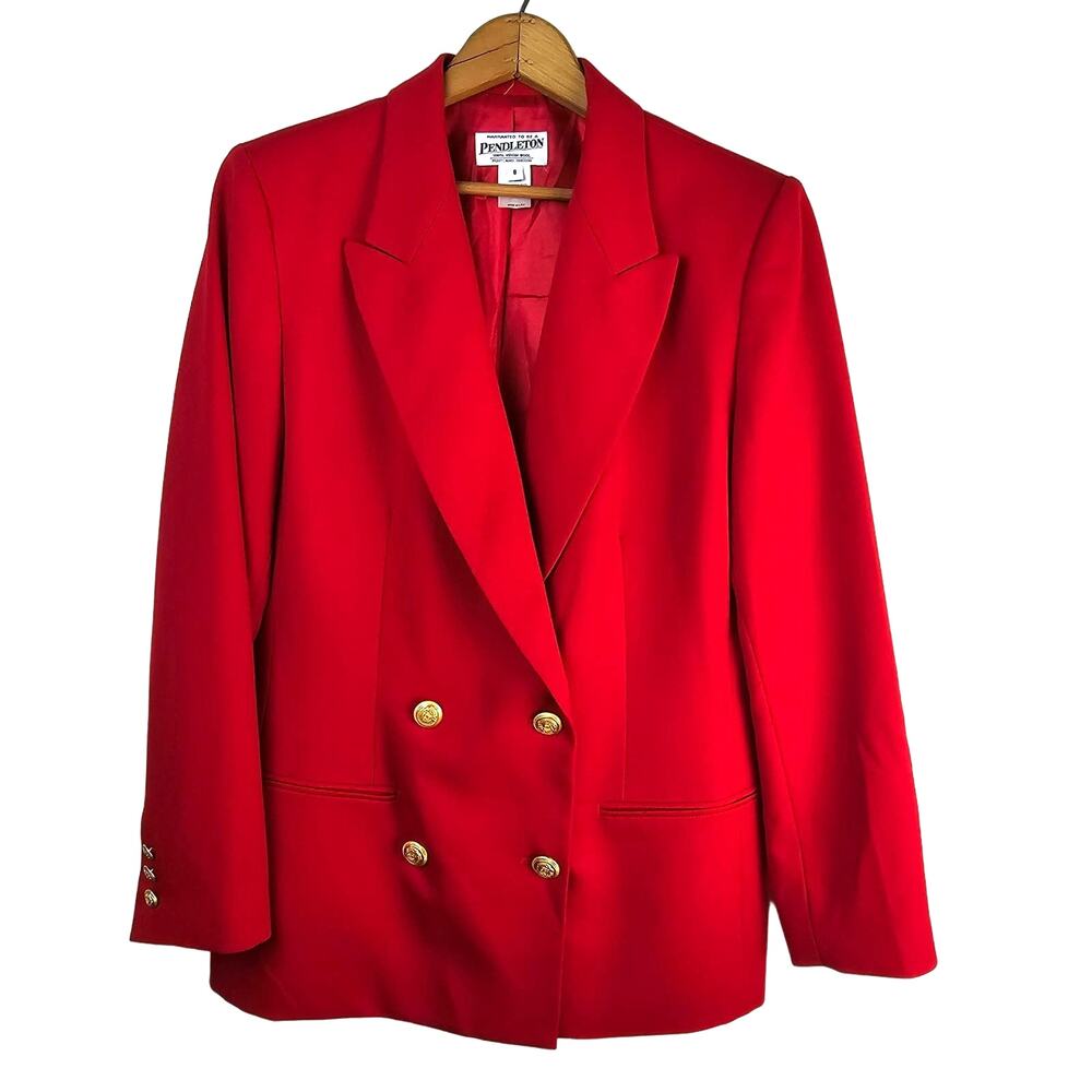 Pendleton Suit Coat Womens 8 Red Wool Gold Button Double Breasted Festive Season